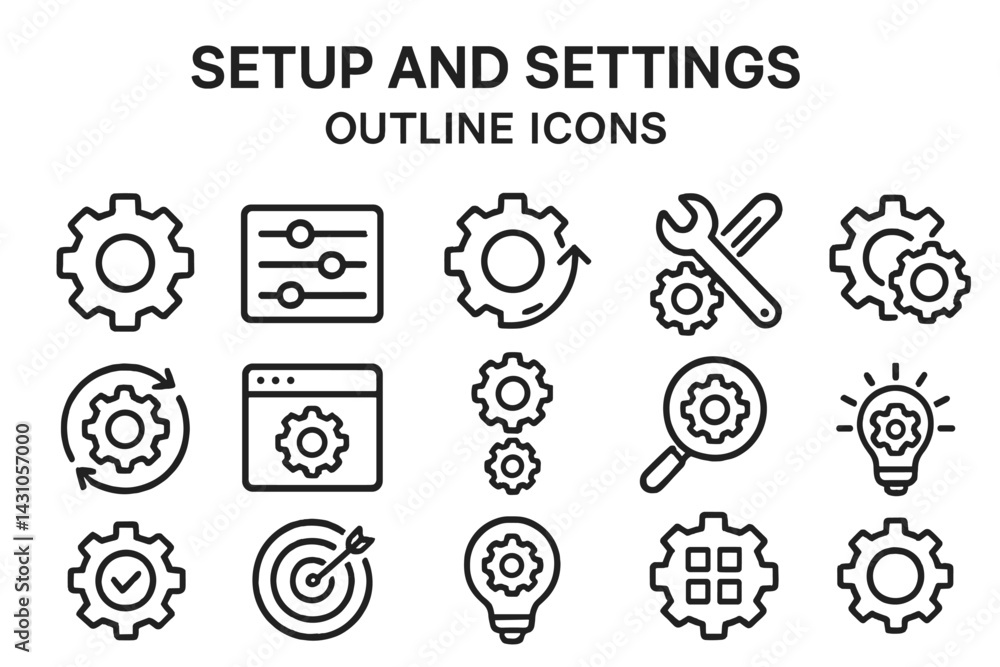 Poster vector icon set featuring outline designs for setup and settings concepts including gears, tools, an