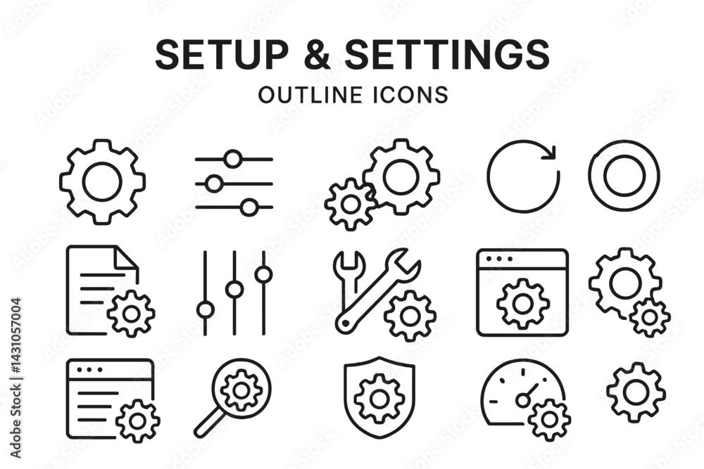 Poster vector icon set illustrating setup and settings options with gears, sliders, tools, and outlines, su