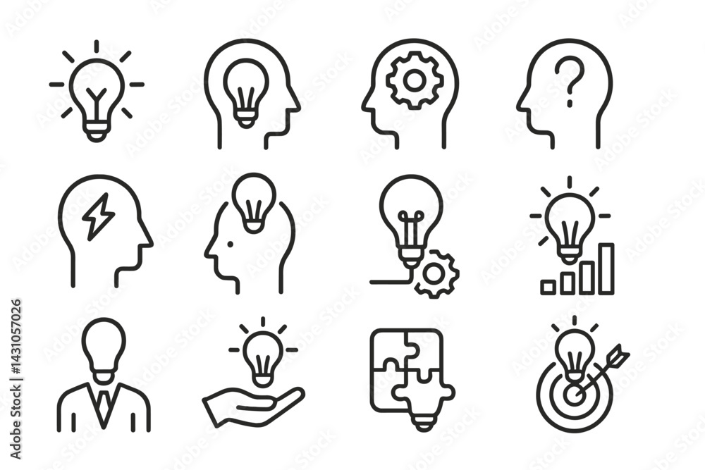 Poster vector icon set illustrating creativity, innovation, problem solving, and teamwork concepts with lig
