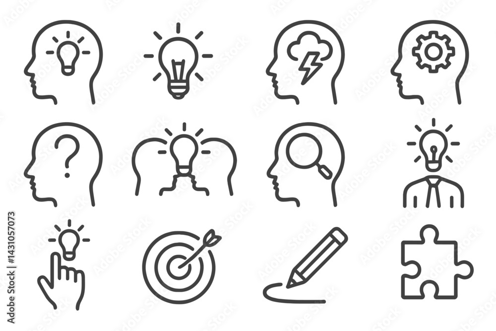 Poster creative vector icon set depicting ideas and problem-solving concepts in a modern design style
