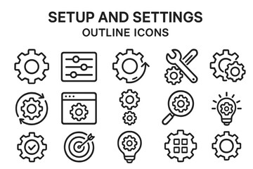 Vector icon set featuring outline designs for setup and settings concepts including gears, tools, and controls