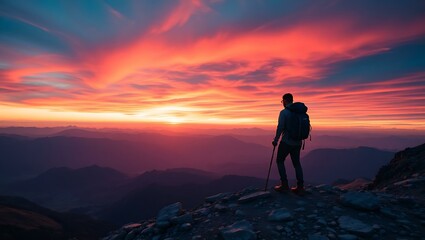 "Solo traveller standing atop a mountain, embracing the sunrise with awe and adventure."