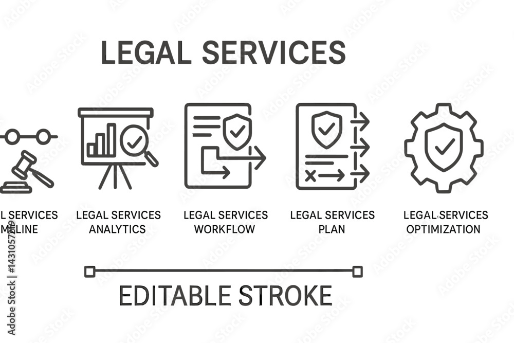 Poster vector icon set representing legal services including workflow, analytics, and optimization features