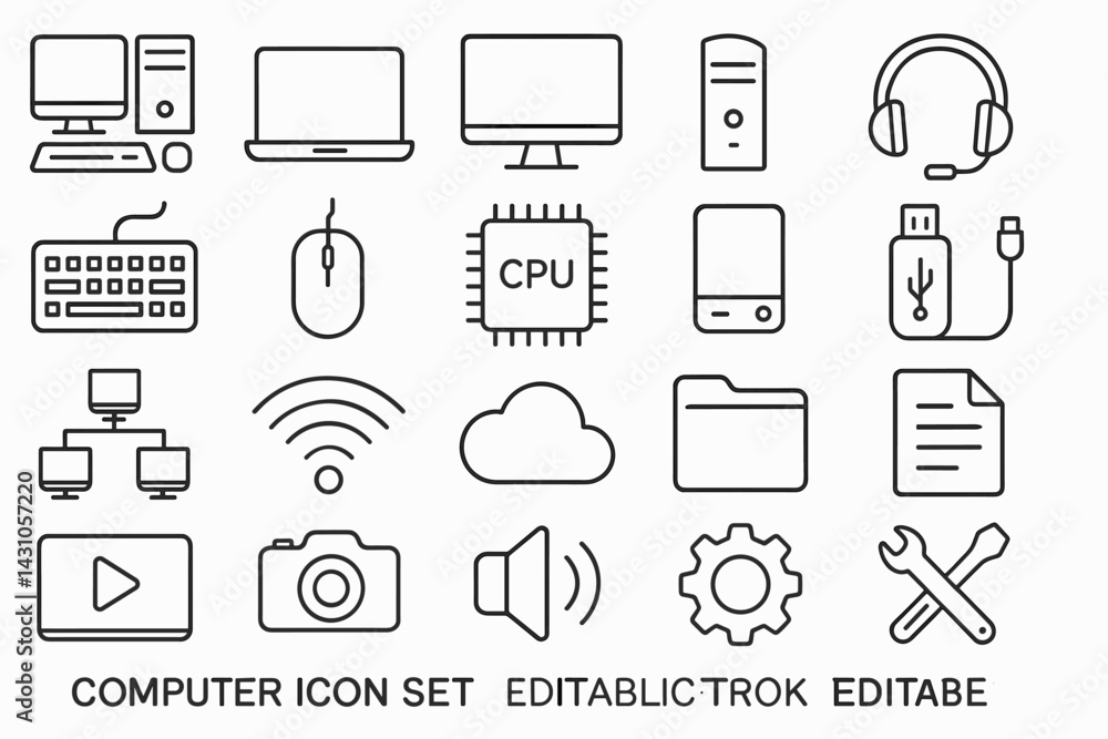 Poster vector icon set featuring computer peripherals, elements, and technology symbols for digital design 