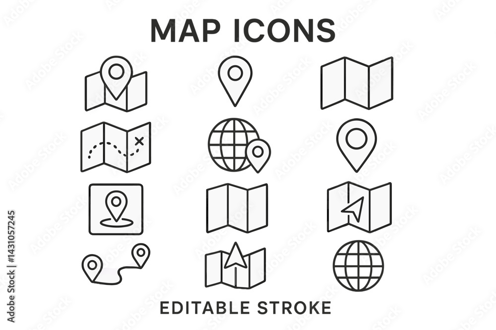 Poster vector icon set featuring various map icons for navigation and location services