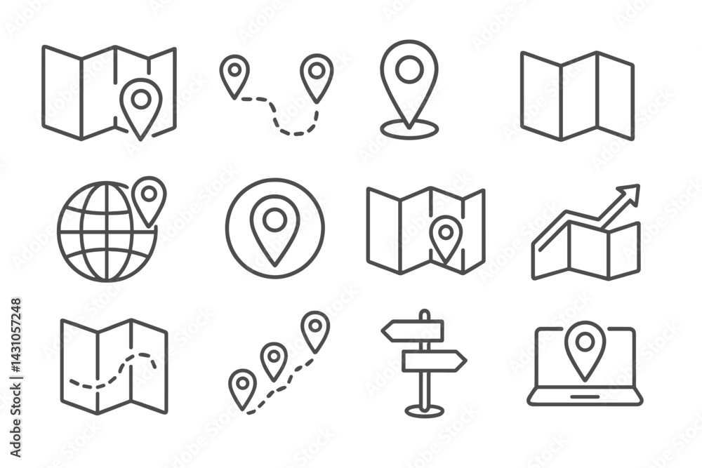 Poster vector icon set showcasing various map-related symbols for navigation and location tracking in a sim