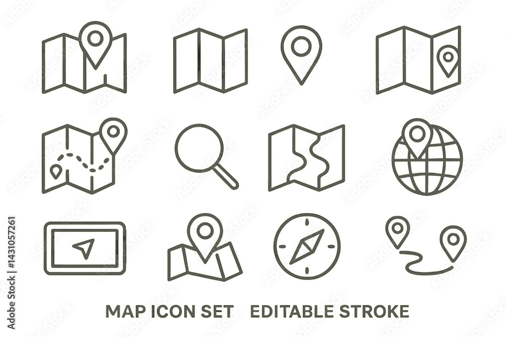 Poster vector icon set featuring map symbols and navigation elements for digital design and applications