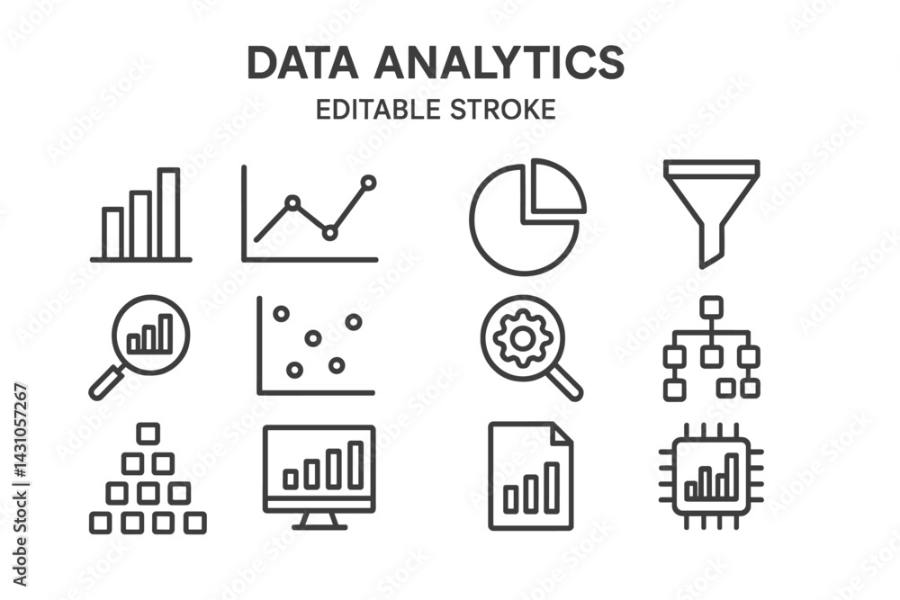 Poster collection of vector icons depicting various aspects of data analytics for informative design projec