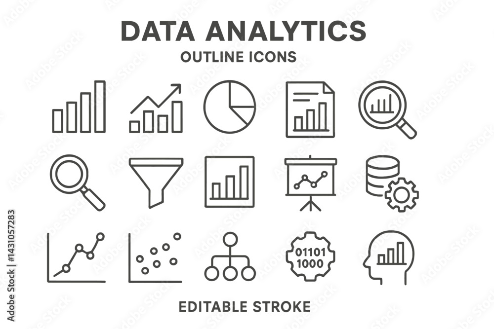Poster collection of vector outline icons representing data analytics concepts and tools for visual data in