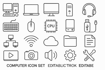 Vector icon set featuring computer peripherals, elements, and technology symbols for digital design projects