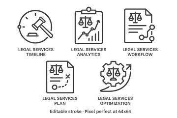 Vector icon set representing various aspects of legal services including timeline, analytics, workflow, plan, and optimization