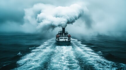 An old steamship moving through the ocean, leaving behind plumes of white smoke.