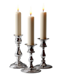 Elegant Silver Candle Holders with Tall Cream Candles and Flames