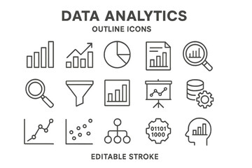 Collection of vector outline icons representing data analytics concepts and tools for visual data interpretation and analysis