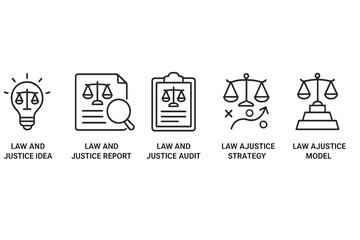 Vector icon set showcasing law and justice concepts with idea, report, audit, strategy, and model