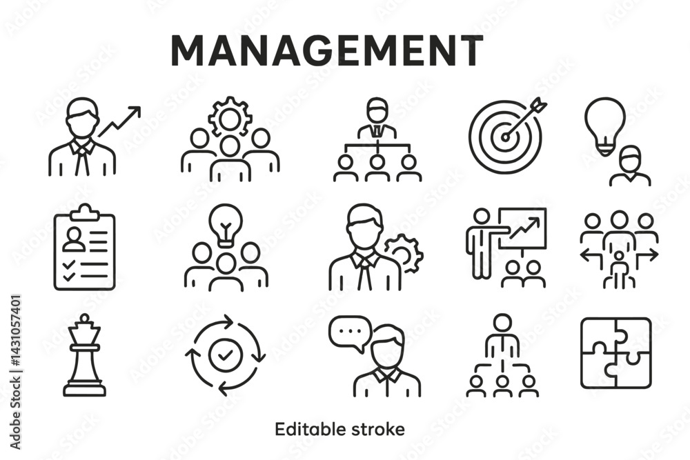 Poster collection of management vector icons showcasing various business themes and concepts for profession