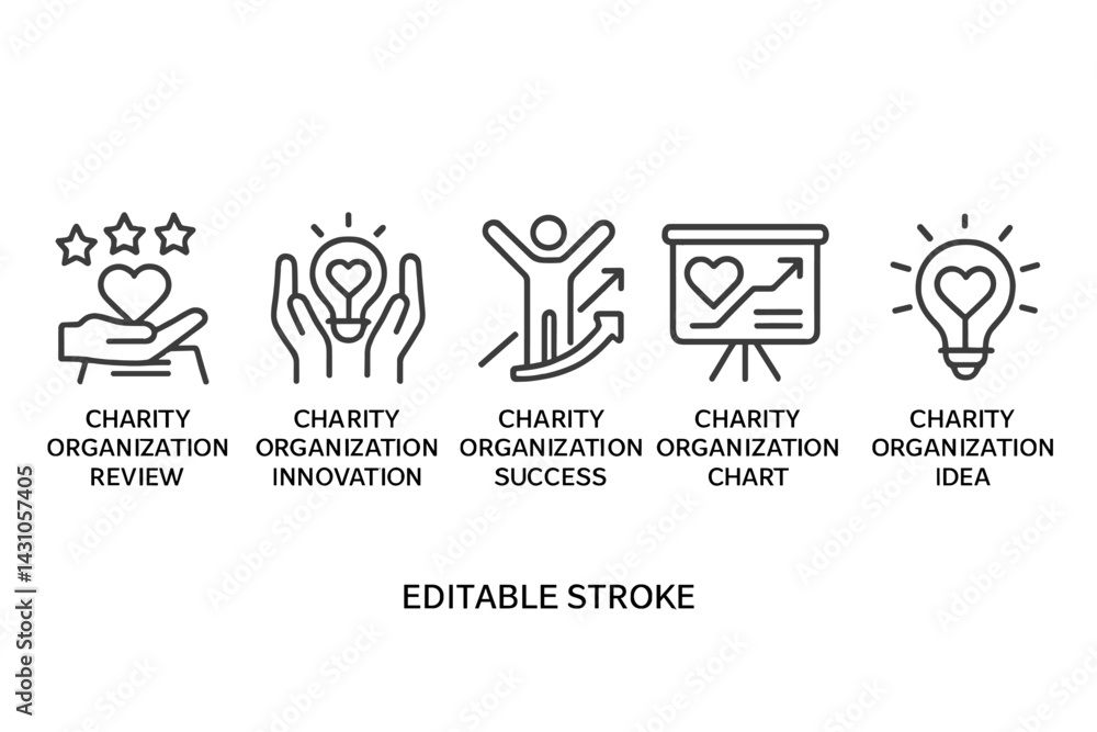 Poster vector icon set illustrating charity organization concepts with editable stroke design for various t