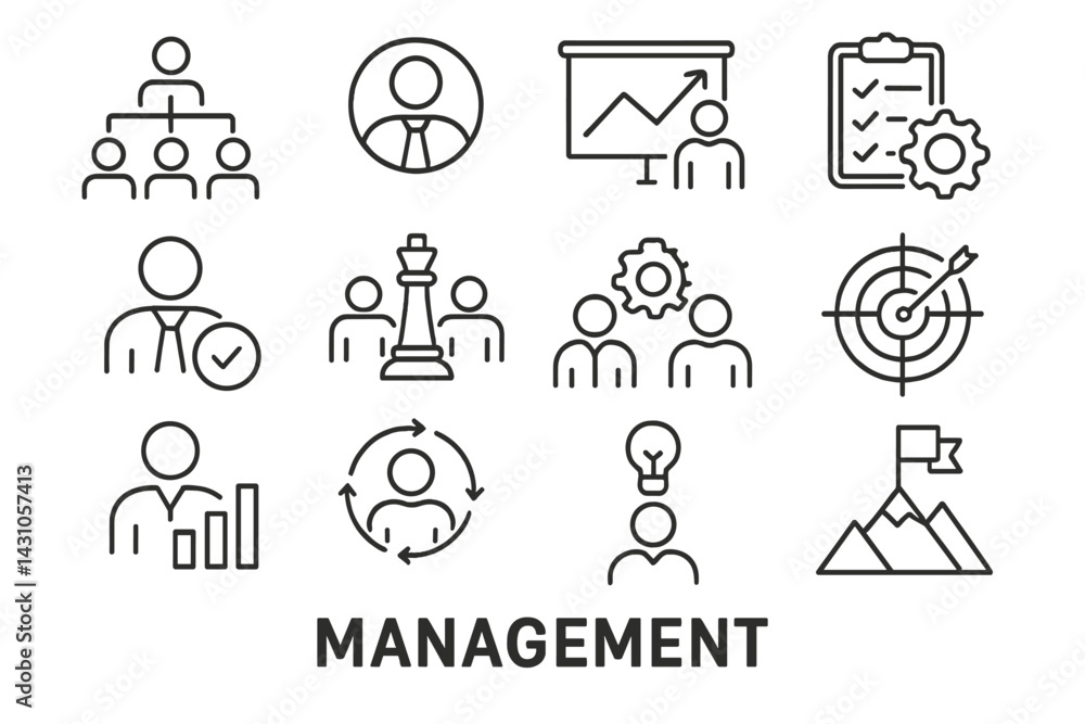 Poster vector icon set depicting various aspects of management including teamwork, planning, analysis, and 