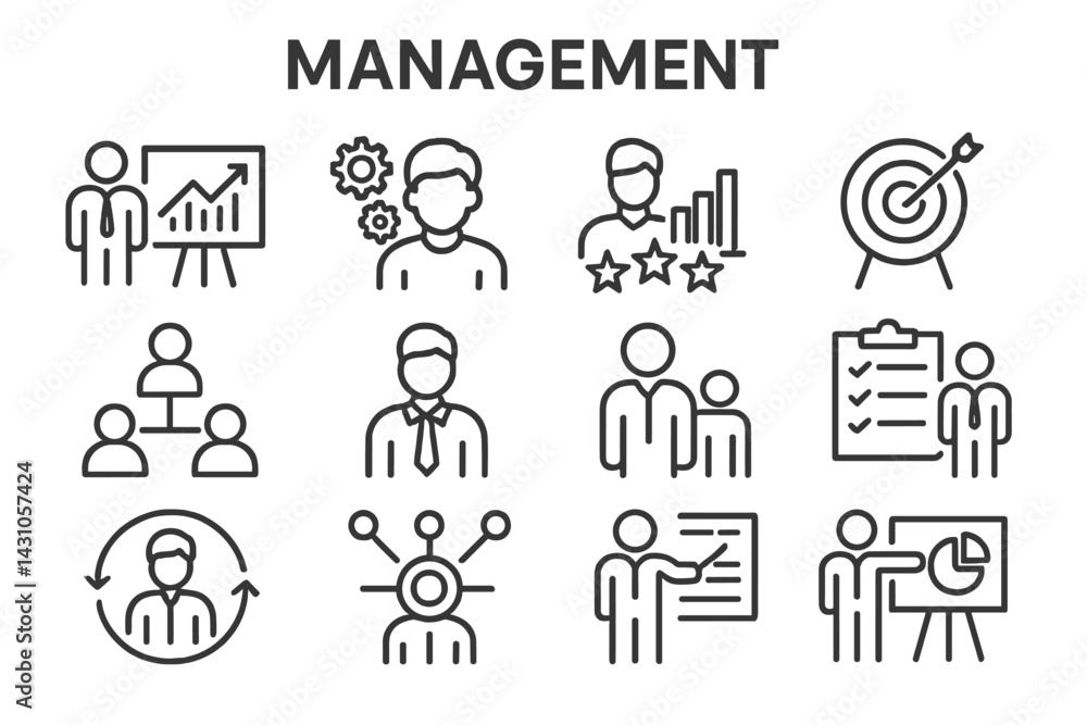 Poster vector icon set depicting various management concepts and practices showcasing teamwork, planning, a