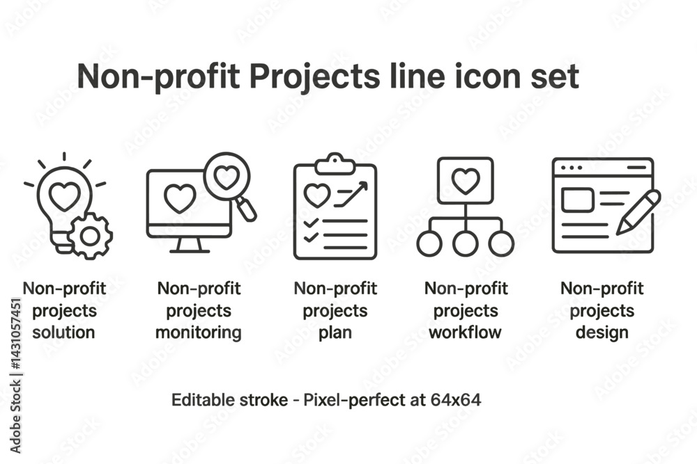 Poster vector icon set for non-profit projects highlighting solutions, monitoring, planning, workflow, and 