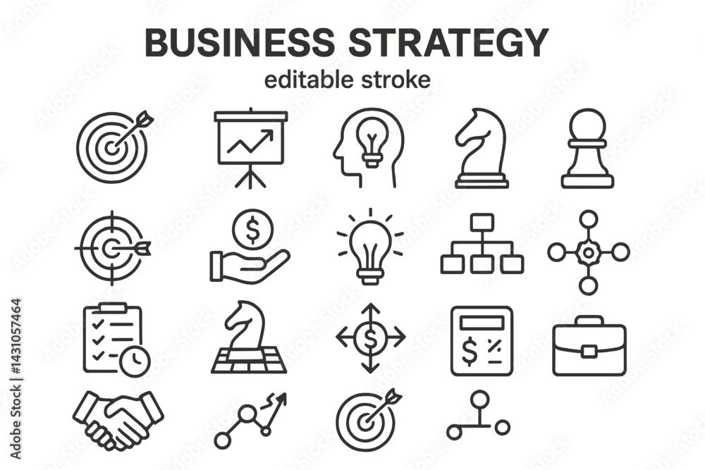 Poster vector icon set illustrating various elements of business strategy and planning for visual communica