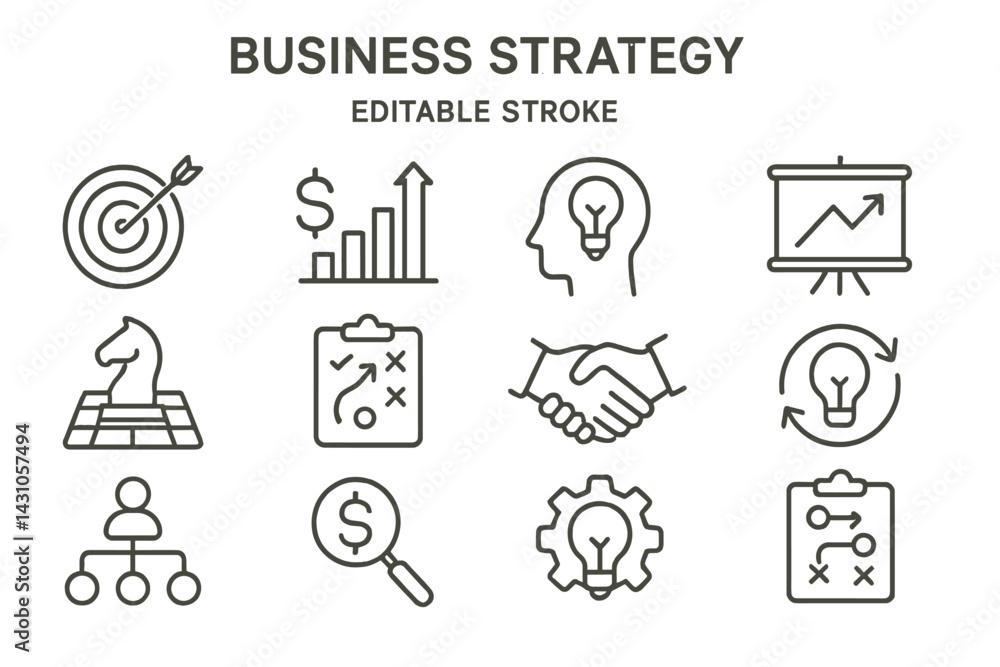 Poster vector icon set showcasing elements of business strategy, planning, and analysis with editable strok
