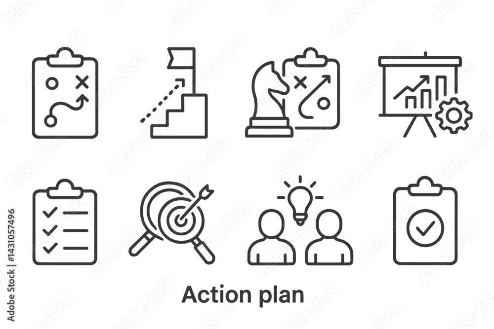 Poster vector icon set depicting various elements of an action plan, including strategy, analysis, and coll