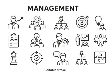 Collection of management vector icons showcasing various business themes and concepts for professional use