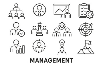 Vector icon set depicting various aspects of management including teamwork, planning, analysis, and strategy in a professional context