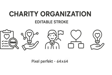 Vector icon set depicting elements related to charity organizations showcasing various activities and themes of giving and support