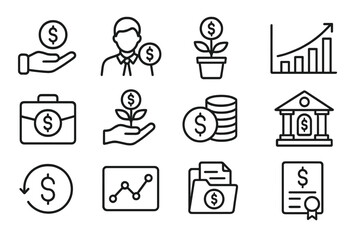 Vector icon set depicting finance concepts including money growth, investment, and banking activities