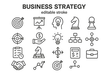 Vector icon set illustrating various elements of business strategy and planning for visual communication and design projects