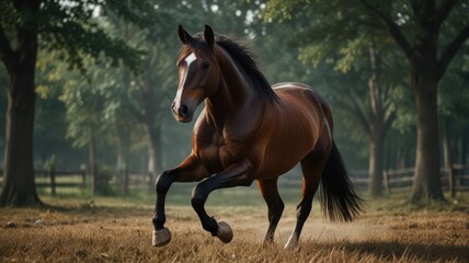 Brown horse running pasture morning sun