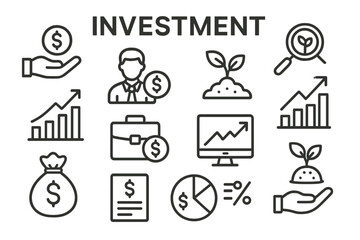 Fototapeta premium Investment vector icon set featuring various financial and growth elements for illustrative use