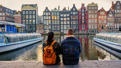 Two people enjoy a serene moment by the canal in Amsterdam, surrounded by charming colorful buildings and gentle boats. couple of man and woman on a city trip during autumn or winter
