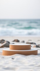 Empty display podium on a sandy beach with ocean and sky backdrop. Summer, coastal concept with copy space.