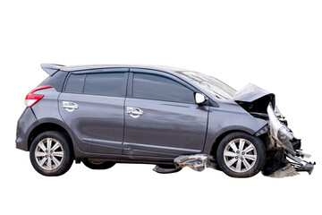 Car crash, Side view of black sedan car get damaged by accident on the road. damaged cars after...