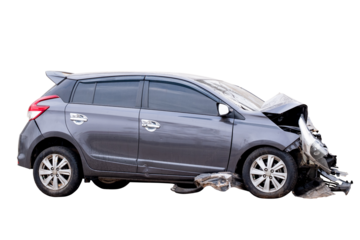 Car crash, Side view of black sedan car get damaged by accident on the road. damaged cars after collision. isolated on transparent background. PNG File