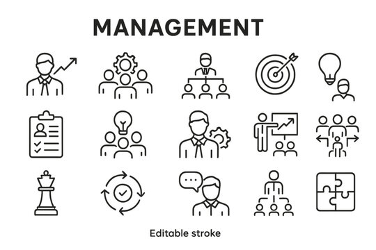 Collection of management vector icons showcasing various business themes and concepts for professional use