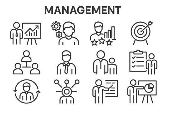Vector icon set depicting various management concepts and practices showcasing teamwork, planning, and goal setting
