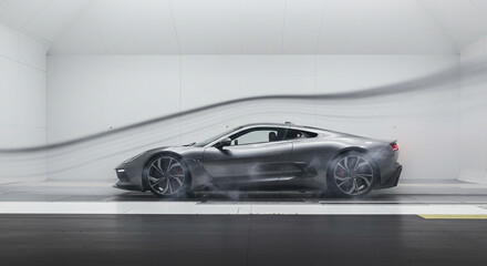 Streamlined aerodynamics: Silver sports car undergoes wind tunnel evaluation