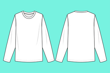 Mens crew neck long sleeve t-shirt flat sketch outline CAD mockup template.