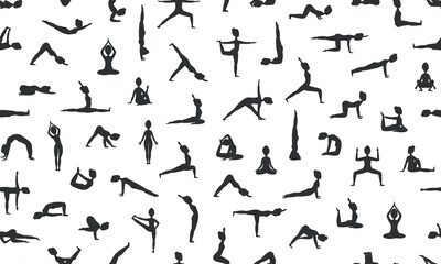 Seamless pattern with women in yoga poses silhouette. Flat Vector illustration on white background