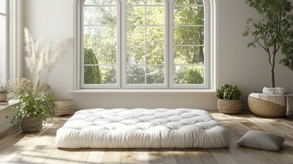 Fototapeta premium Modern room featuring only a single white mattress and hardwood floor