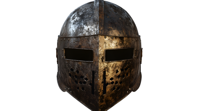 Detailed knight? helmet with a raised visor, symbolizing chivalry and medieval history. Isolated on a transparent background.