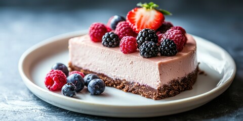 A decadent raw vegan cheesecake topped with fresh berries, served on a white ceramic plate