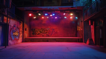 Empty street performance stage bathed in surrealistic lighting effects where dramatic spotlights create mysterious atmospheric shadows before evening urban show allowing performers.