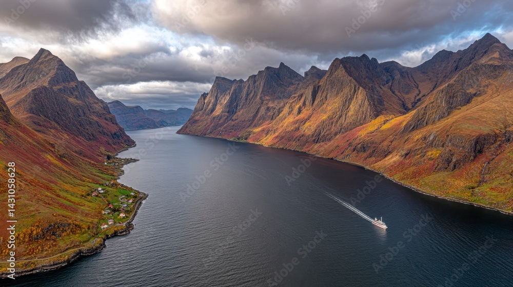 Poster panoramic view of a serene fjord in autumn, with a small boat navigating the calm waters and colorfu