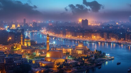 Obraz premium The city of Cairo at night, with ancient and modern buildings glowing under thousands of lights.