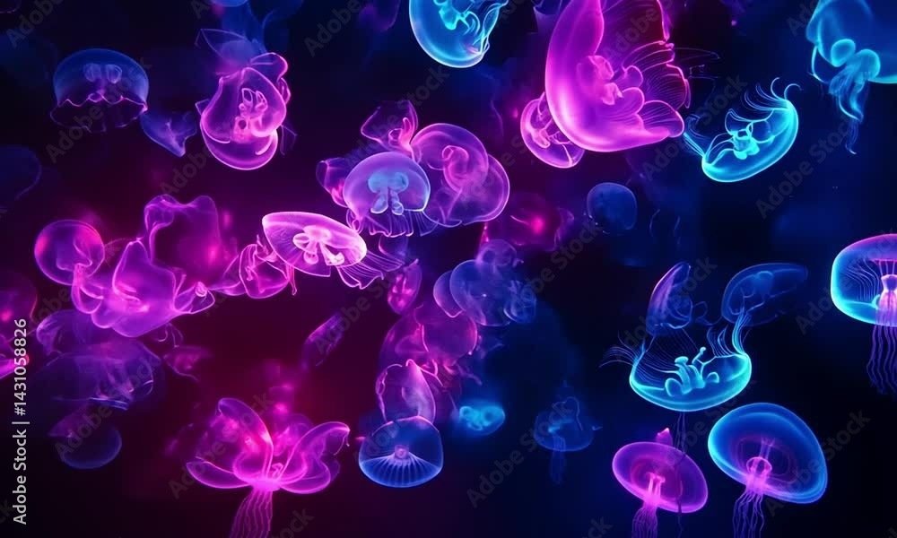 Wall mural neon jellyfish pulsating with radiant colors in an underwater galaxy setting made with generative ai
